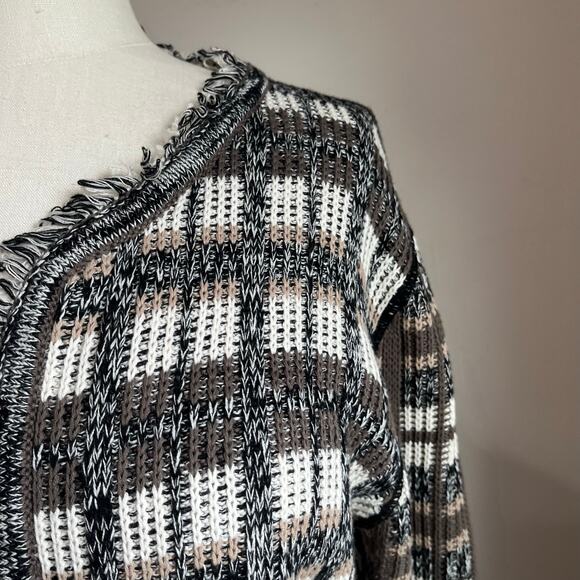 CAbi #4097 Gray Brown White Open Front Fringe Plaid Cardigan Sweater Sz Large - Picture 6 of 8